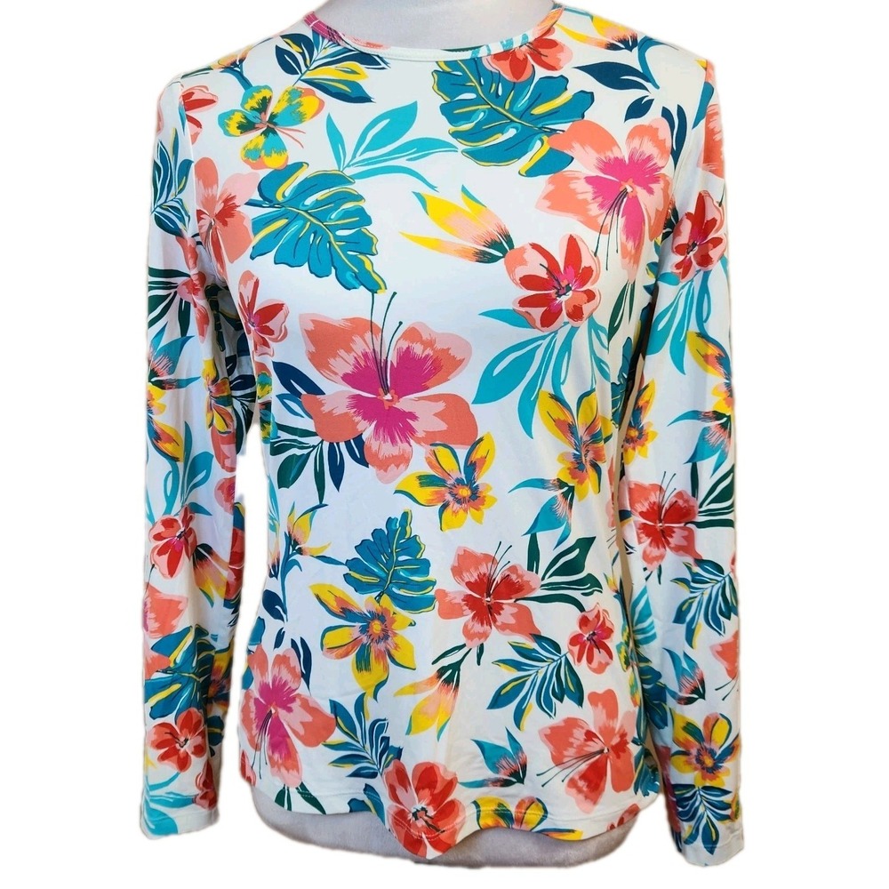 Lands End Womens Rash Sun Guard Swim Top Crew Neck Size XS‎ Beach Shirts Floral